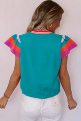 türkisfarbener Strickpullover mit Flatterärmeln